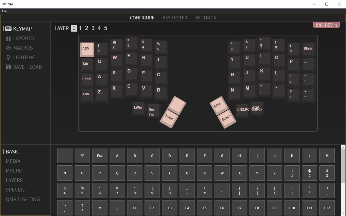 The VIA utility, showing my current keyboard layout on layer 0