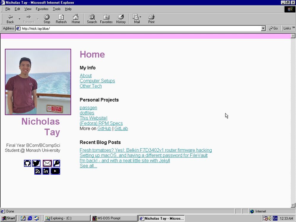 Windows 98 SE Internet Explorer 5 navigated to this website; sidebar navigation elements are a little misaligned, but general page layout looks correct and is usable