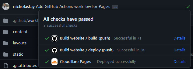 A screenshot of the GitHub commit CI status, with the build step taking 7s and the deploy step taking 8s